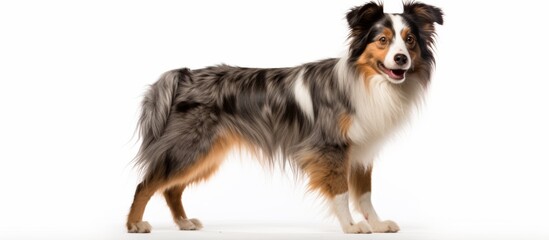 The Border Collie, a herding dog and working animal of the Canidae family, stands in front of a white background showcasing its balance and intelligence as a carnivorous dog breed and companion dog