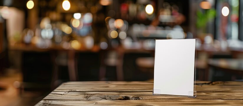 Label the empty menu holder at the bar restaurant with white paper inserts and tent card made of acrylic on a wooden table. Background of a blurred cafeteria allows for adding customer text.