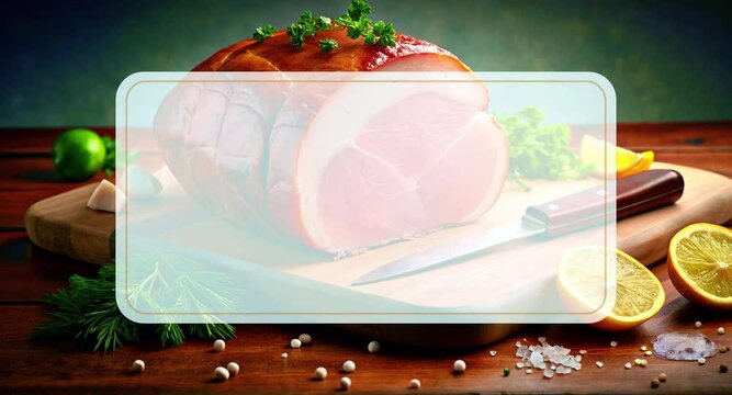 Succulent Ham with Lemon and Parsley on Cutting Board Moving Video Background with Text Placeholder. Video screensaver interlude for cooking videos or videos about BBQ, meat.