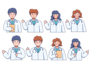 Collection of illustrations featuring doctor portraits in various poses and genders, showcasing the diversity and expertise of healthcare professionals. Each doctor is depicted wear medical uniform  