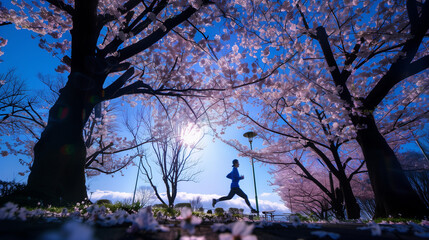 A person joyfully runs through a park filled with cherry blossom trees, their petals floating in the air as they move, person running in park with blooming cherry trees in Spring