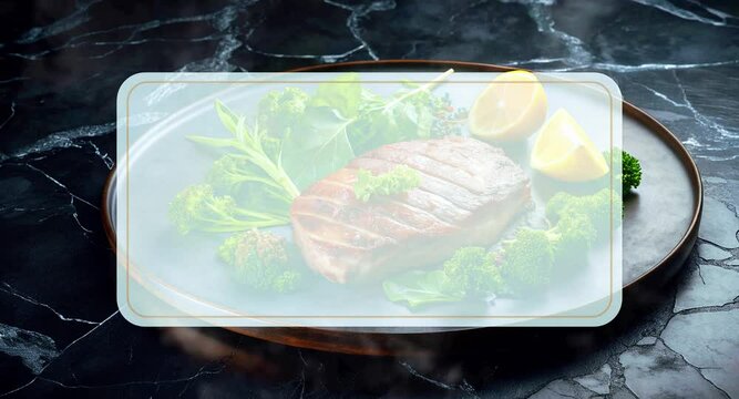 Grilled Ribeye Steak with Herbs and Lemon Moving Across Screen with Text Placeholder.  Video screensaver interlude for cooking videos or videos about BBQ, meat.
