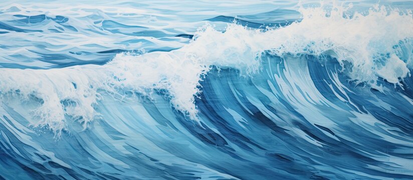 The painting depicts a fluid wave in the azure ocean, with electric blue colors capturing the movement of wind and water in the landscape