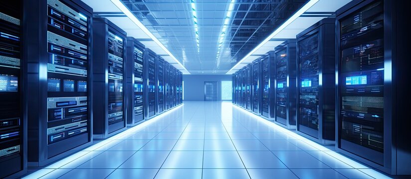 A long hallway in the buildings data center features rows of electric blue servers. The parallel symmetry creates a mesmerizing engineering display