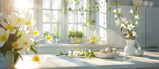 The kitchen interior features a table with a white background and plenty of open space, complemented by a sunny morning atmosphere with shadows. There is room for your creative content,
