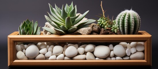 A detailed view of a planter filled with small rocks and various types of succulent plants in a close-up shot