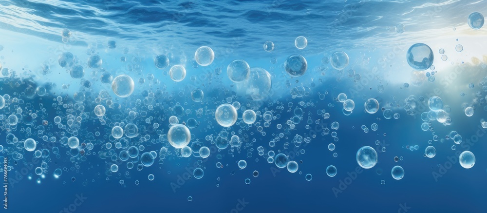 Poster a multitude of bubbles drift in the azure liquid, creating a mesmerizing display of electric blue sp