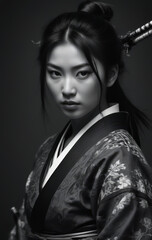 Samurai girl in black and white style