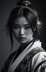 Samurai girl in black and white style