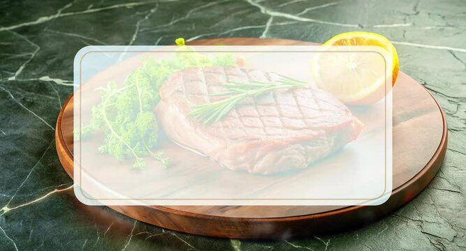 Grilled Ribeye Steak with Herbs and Lemon Moving Across Screen with Text Placeholder.  Video screensaver interlude for cooking videos or videos about BBQ, meat.
