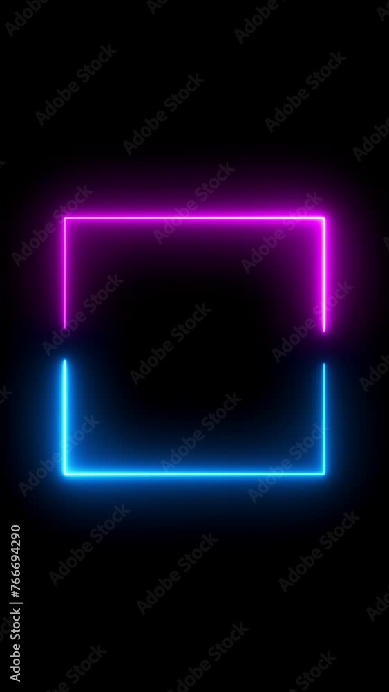 Poster abstract blue pink neon glowing line frame, animated moving led light screen box projection 3d rende