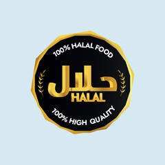100% halal. 100% high quality halal food stamp, label, sticker, emblem, icon design in black and golden colour on cyan background. Halal certified logo, food stamp, label, icon vector template