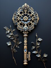 Intricate detailed metal magic key. Mystery concept.