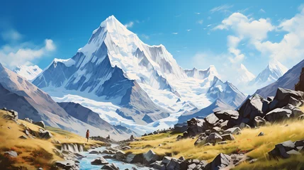 Rolgordijnen Winter landscape portrayed in watercolor of snow-covered alpine peaks, meandering river, rocky valley, against a serene blue sky. © NaphakStudio