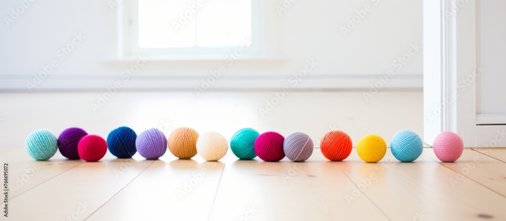 Poster a row of vibrant magenta eggs are displayed in a circular formation on the wooden flooring, creating