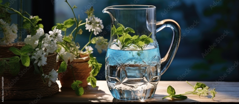 Aufkleber a pitcher of water is displayed on a table next to a potted plant in an art exhibit at the buildings