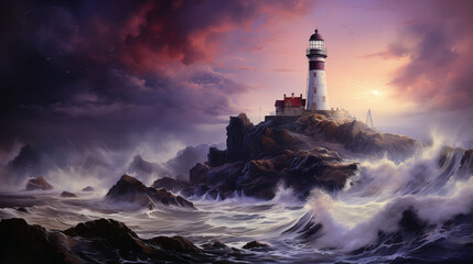 In a striking watercolor illustration, storm clouds converge over a steadfast lighthouse perched atop cliffs, overlooking tumultuous sea waves.