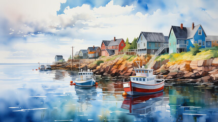 Watercolor illustration of a quaint seaside village with brightly colored houses and moored fishing boats reflecting in the calm harbor waters.