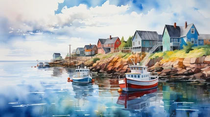 Foto op Canvas Watercolor illustration of a quaint seaside village with brightly colored houses and moored fishing boats reflecting in the calm harbor waters. © NaphakStudio