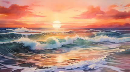 Obraz premium A vivid watercolor illustration captures the beauty of rolling ocean waves under a spectacular sunset sky, painted with vibrant colors, evoking a sense of awe and tranquility.