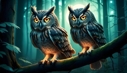 Owls With Glowing Eyes In A Mystical Forest Upscaled 7 - obrazy, fototapety, plakaty