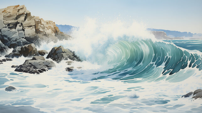 An energetic depiction of ocean waves crashing against the rocky shoreline unfolds in a captivating watercolor illustration under a clear sky.