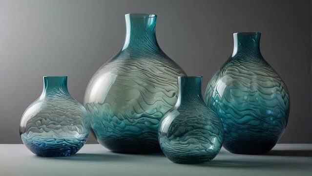 Elegant arrangement of handblown glass vases in varying shades of blue and teal. Organic, bulbous shapes with textured surfaces catch light, creating depth. 