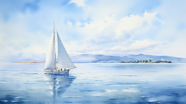 A digital watercolor portrayal reveals the tranquility of a sailboat's journey on a calm sea, its silhouette blending harmoniously with the soft colors of the sky.
