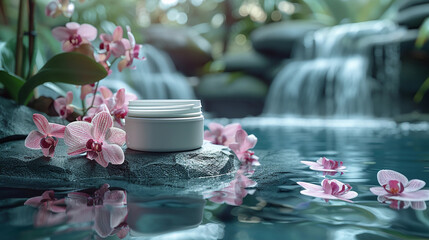 Glass cosmetic jar with skin face care moisturizer cream with rain on waterfall water surface background, orchids lying near, eco beauty treatment.  Natural cosmetic concept