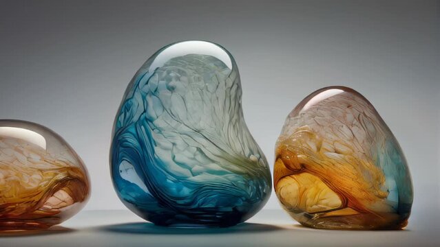 hand-blown glass objects with organic shapes and vibrant hues.