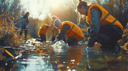Volunteers Cleaning Litter from River Bank - obrazy, fototapety, plakaty