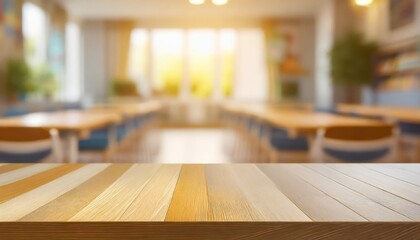blank wooden table top on blurred schoolchild room interior background