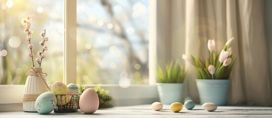 Desk with empty space and Easter decorations. Window background with a blurred view.