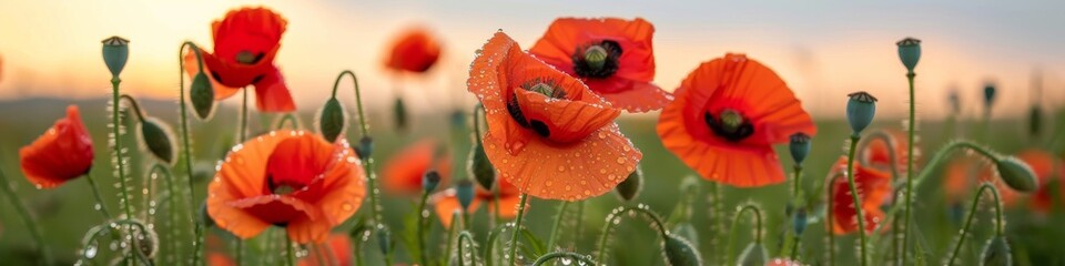Wide Panoramic Landscape of Red Poppies Blooming in a Field at Sunset with Soft Sunlight and Gentle Breeze Inducing a Calm Atmosphere - obrazy, fototapety, plakaty