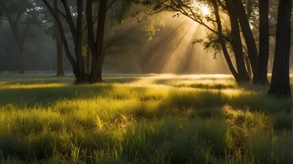morning mist in the forest,As the sun rises in the early morning, its golden rays of light filter through the foliage of trees, creating a mesmerizing play of light and shadow. The dewy grass beneath 