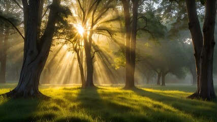morning in the forest,As the sun rises in the early morning, its golden rays of light filter through the foliage of trees, creating a mesmerizing play of light and shadow. The dewy grass beneath the t