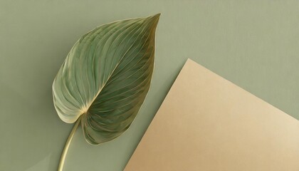 minimal nature background for summer concept beige paper and hosta leaf on green background 3d render illustration object isolate clipping path included