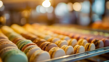 colorful macaroons which sell of shop abstract blur background - obrazy, fototapety, plakaty