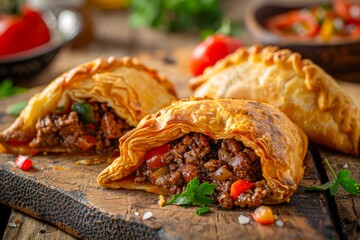 Delicious Homemade Beef Empanadas on Wooden Board with Fresh Ingredients in Rustic Kitchen Setting
