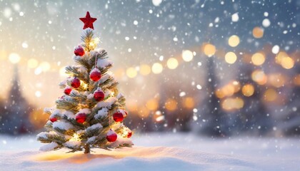 Fototapeta na wymiar a christmas tree in the snow with a red and white christmas tree in the background beautiful festive christmas light snowy background with geerative