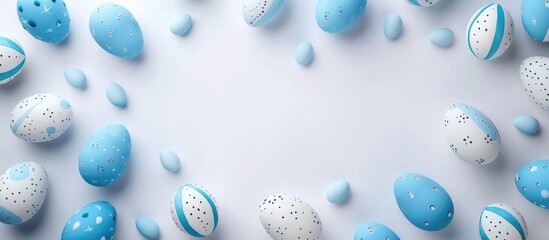 Blue and white Easter eggs arranged on a white background from a top view with a minimalist geometric design, creating a blank card for text placement.