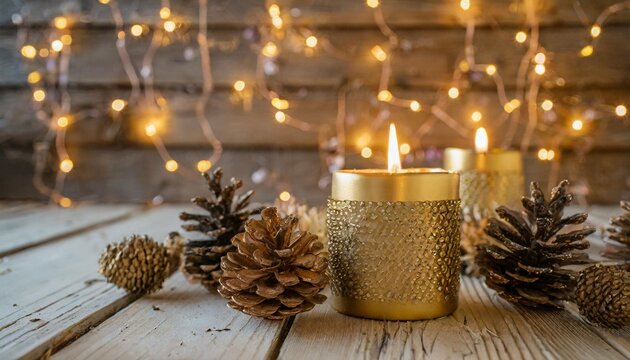 candle in a gold glittery holder on a wooden surface with dried flowers and pine cones the background is a wooden wall with string lights the lights are yellow and give the image a warm glow