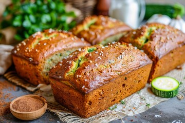 Freshly Baked Homemade Zucchini Bread Loaves with Grated Zucchini and Seasoning on Rustic Table
