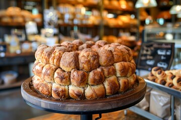 Freshly Baked Golden Croissants Stacked on Wooden Tray in Rustic Bakery Shop with Artisanal Bread Background