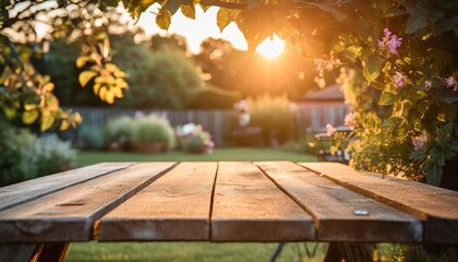 empty wooden table across summer time in backyard garden