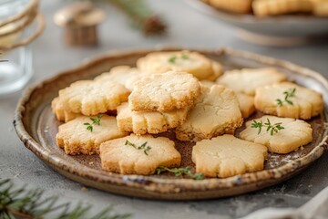 Homemade Golden Butter Cookies Garnished with Fresh Thyme on Rustic Ceramic Plate with Festive Decor