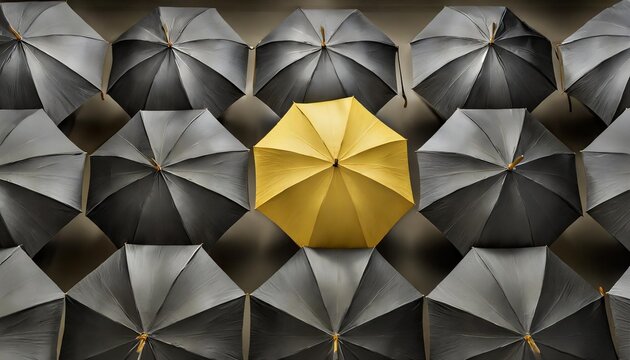 background with umbrellas individuality concept yellow umbrella stands out among black ones metaphor for unique offer stylish background with umbrellas individuality to stand out 3d image