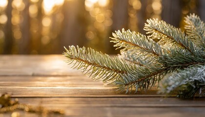 spruce branch on a wooden background