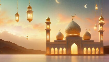 ramadan kareem background with mosque and lanterns - obrazy, fototapety, plakaty