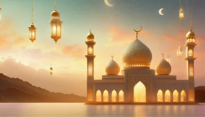 Fotobehang ramadan kareem background with mosque and lanterns © Leila